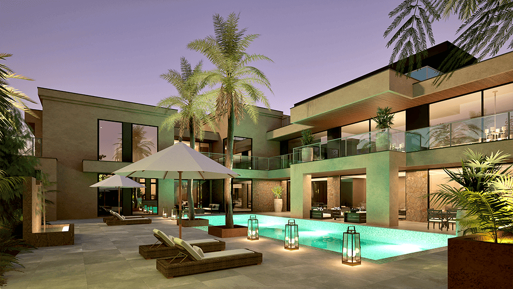 夜景を彩る照明と植栽の演出-1